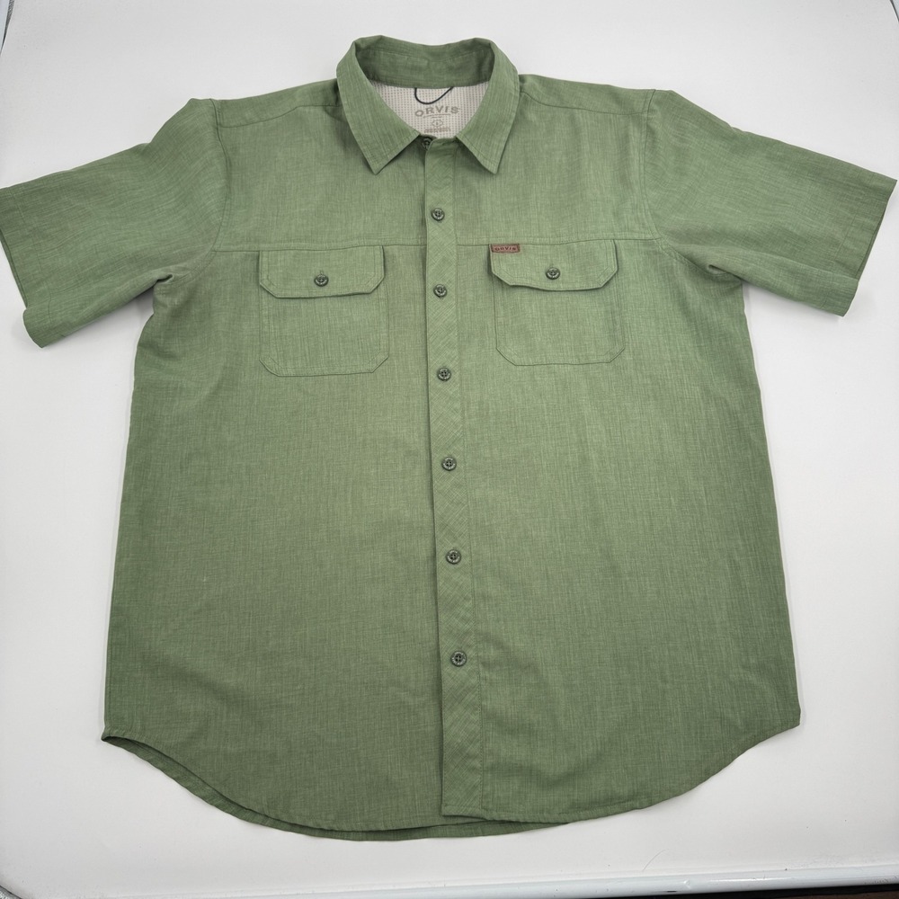 Orvis Tech Button Down Shirt Mens Large Green Short Sleeve Hiking Utility Pocket